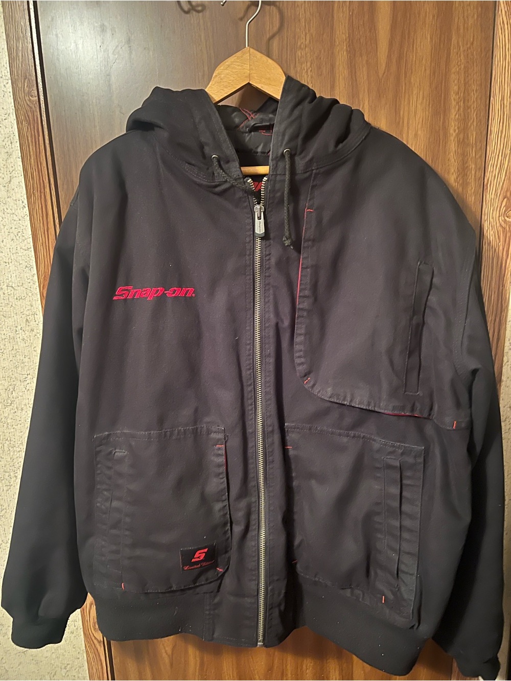 Snap-on Black Hooded Bomber Jacket with Red Embroidery - Picture 2 of 5